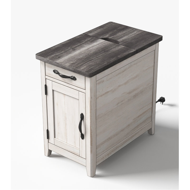 Aneshia End Table with Storage and Charging Station, Gray Top/White Base