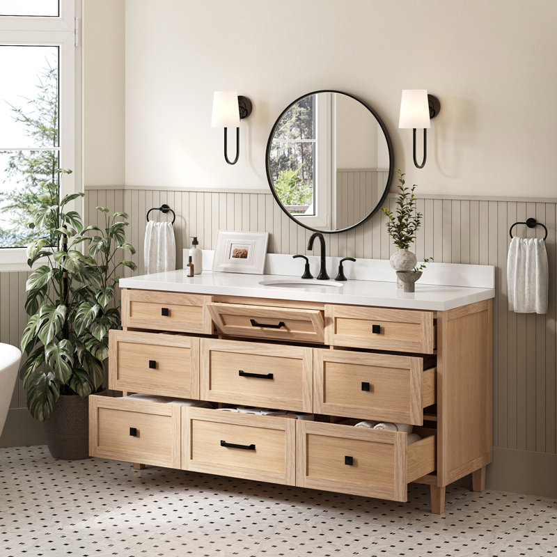 Ariel Monrow 67 Inch Single Oval Sink Bathroom Vanity With Pure White Quartz Countertop, Oak