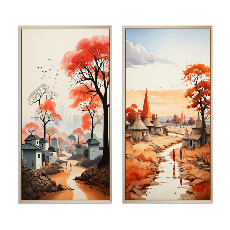 «Peach Gray African Village Visions», 2 pièces, Encadrement brun, H 40 po x l 40 po