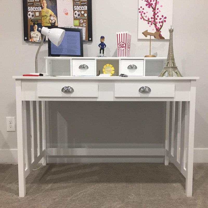 Large Computer Desk, White Home Office Workstation With 4 Storage Drawers, Modern PC Work Table 23 Deep With Monitor Stand For Screen, Wood Stable Executive Table With Large Desktop
