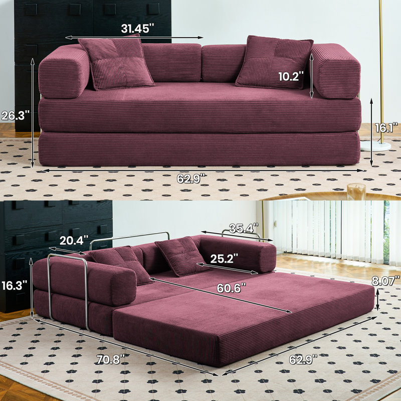 Canapé-lit Boneless Convertible, Vin rouge, H 26,3 po x l 62,9 po x P 35,4 po