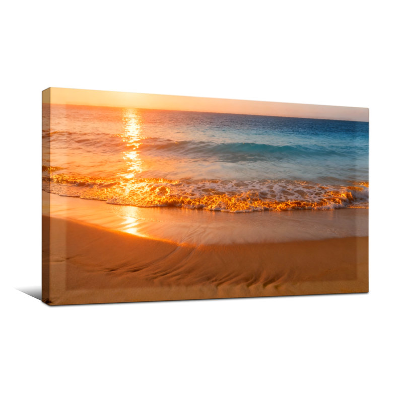 Nautique et plage, coucher de soleil, vagues de l'océan, plage de sable, lueur, horizon, reflet du ciel, H 16 po x l 32 po
