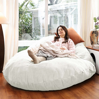 Grand fauteuil à billes, canapé géant de 6 pi avec housse amovible, grande chaise longue rembourrée de mousse pour le salon, la chambre à coucher, dortoir - blanc