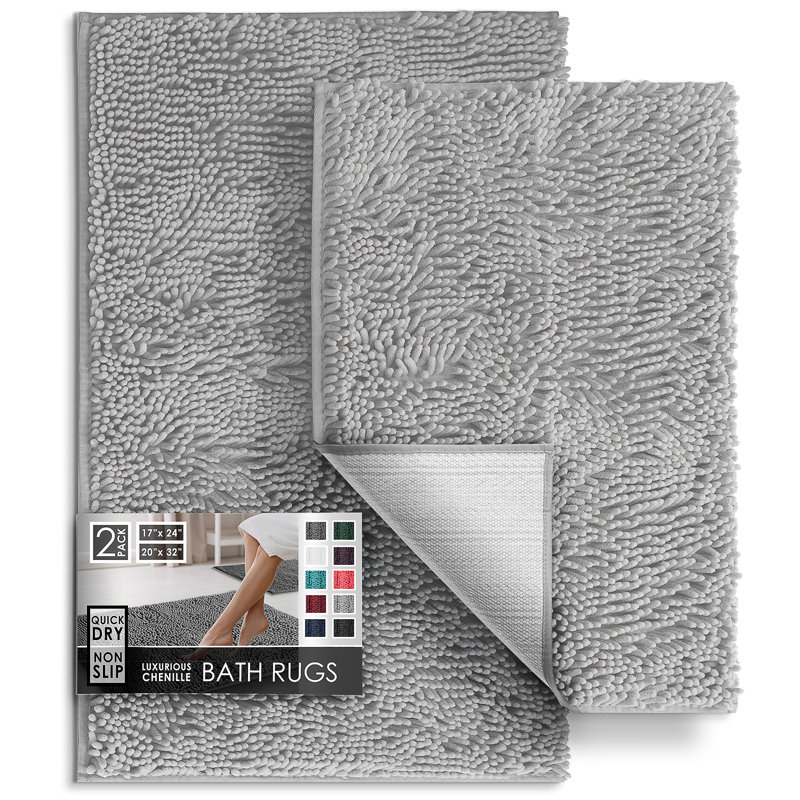 Yasmen Super Soft Absorbent Chenille Bath Rug Set with Non-Slip Backing, Silver