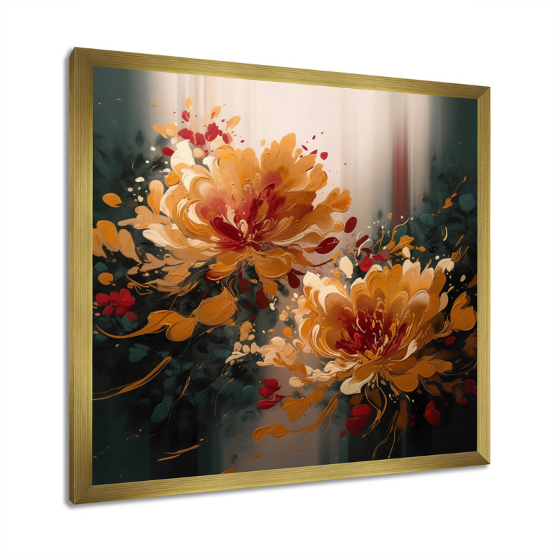 «Rouxel Golden Red Flower II», reproduction sur toile, H 16 po x l 16 po x P 1 po, Cadre flottant doré