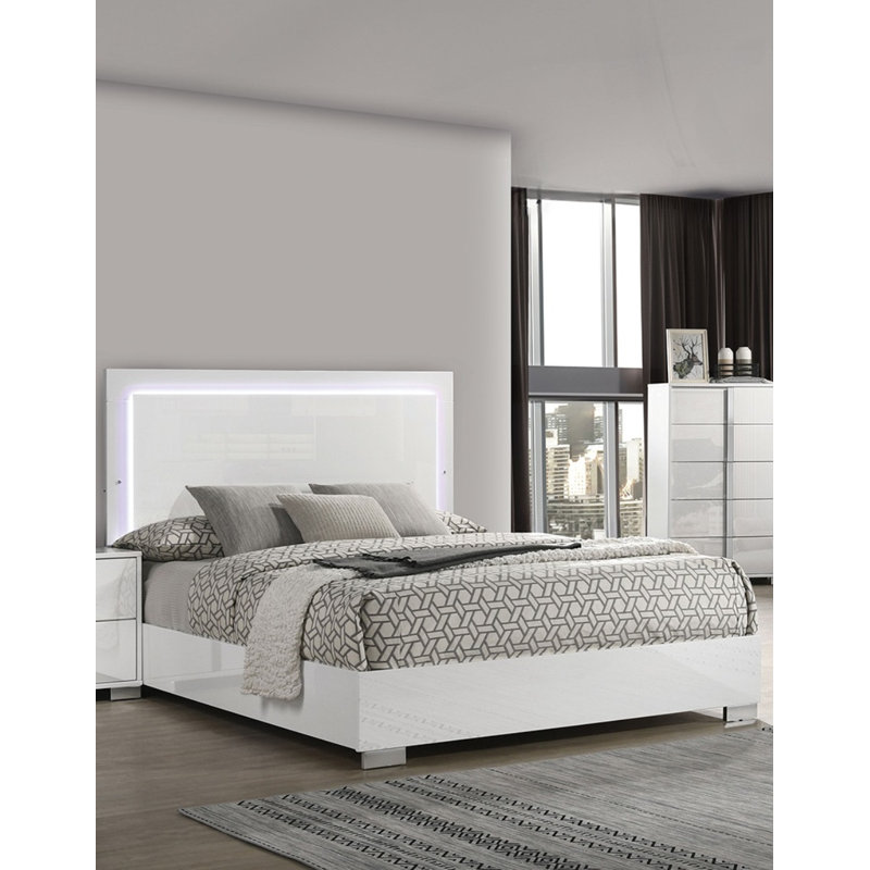 Lit contemporain 1pc blanc avec tête de lit à DEL avec meubles de chambre à coucher avec finition UV, Grand lit