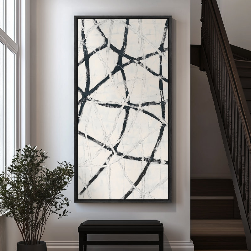 «Black Ink Ribbon Line», art abstrait sur toile légère, H 60 po x l 30 po x P 1,5 po, Noir