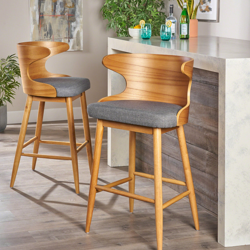De 2 chaises de bar de style Mid-Century, tissu gris, bois d'hévéa, tapissier, 41 po
