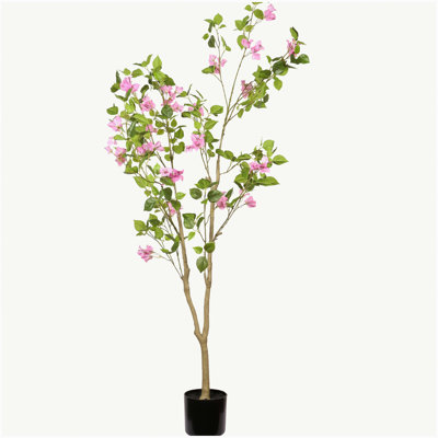 Arbre de bougainvillée artificiel 5 pi avec pot en plastique noir, faux arbre à fleurs réaliste pour la décoration intérieure de bureau à domicile, plante artificielle en pot, 1pc / ensemble