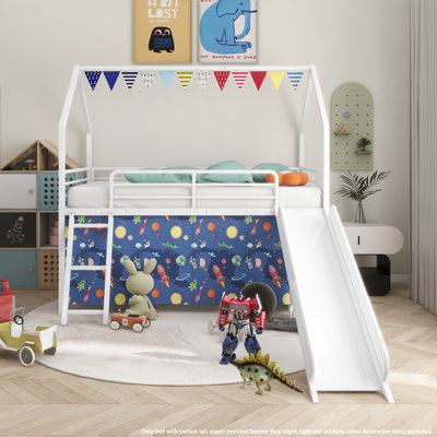 Jack Metal Junior House Twin Loft Bed With Slide And Curtain Set