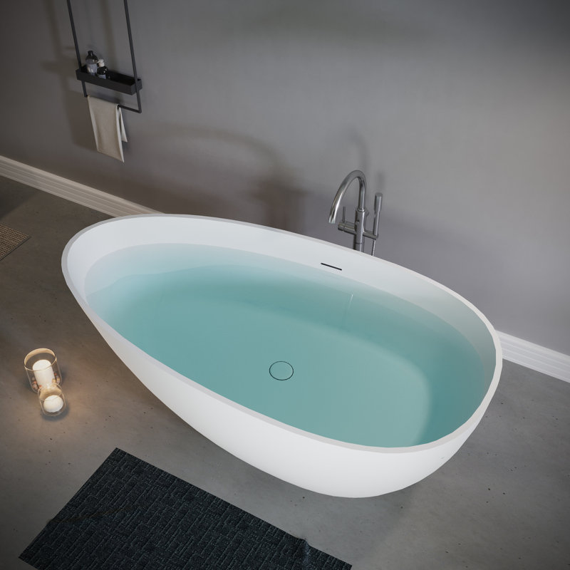 Luxury Freestanding Soaking Solid Surface Stone Resin Bathtub, Matte White Coloration Option, Aligned With Contemporary Bathroom Embellishments, 59" Depth Span, Overflow And Pop - Up Drain, Great