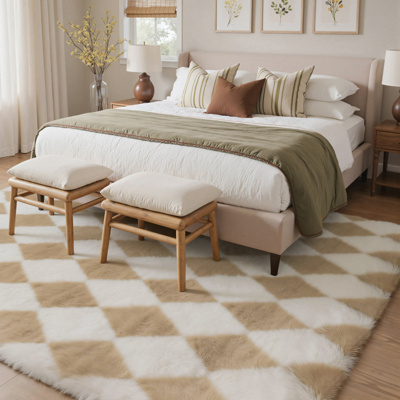 Tapis à poils longs antidérapant moderne lavable à la machine, Ivory,Beige, Rectangle 5' x 7'