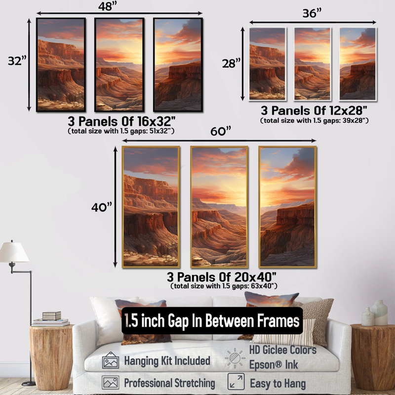 «Canyon Desert Sunset», ensemble d'art mural Canyon, Cadre flottant doré, H 28 po x l 36 po x P 1 po