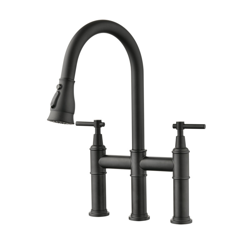 Robinet de cuisine pont à deux poignées avec douchette extractible, Noir mat