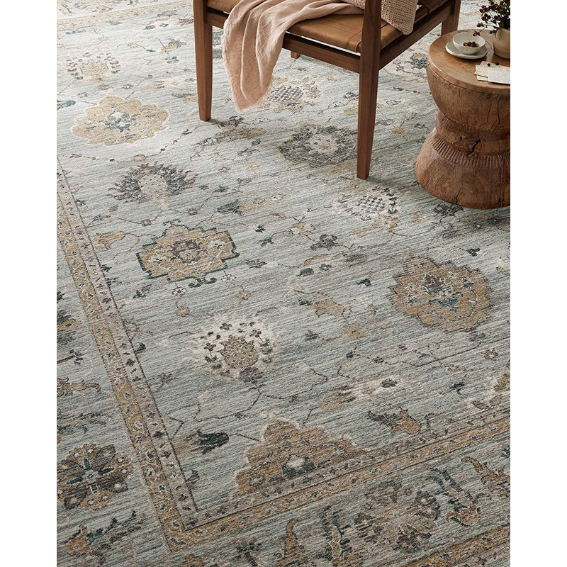 Sky and Gold Floral Synthetic 5' x 7' Area Rug