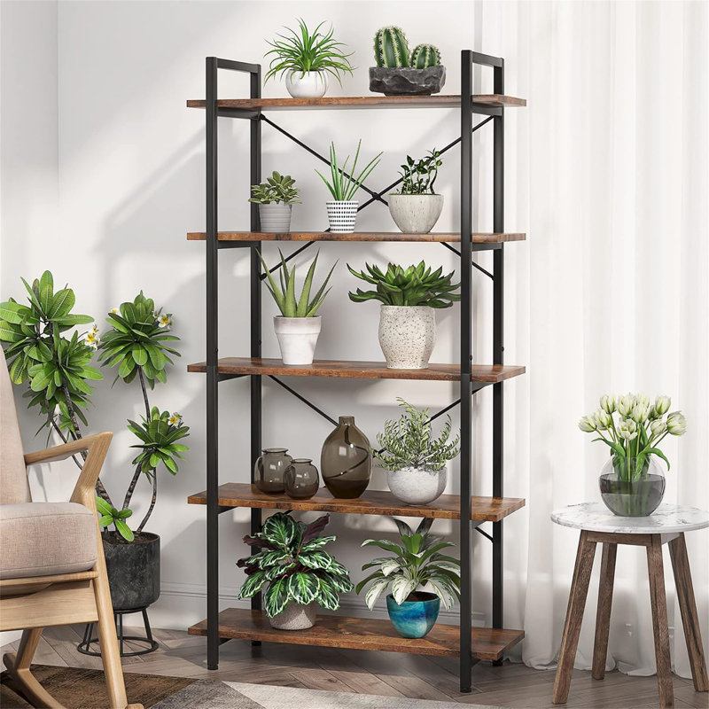 63" Tall  5-Tier Rustic Brown Industrial Metal Bookshelf Unit For Living Room