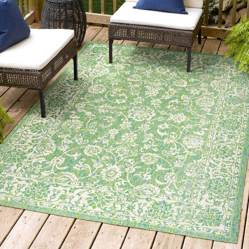 Delcine Bohemian Textured Weave Floral Cream/Green Indoor/Outdoor Rug, Rectangle 3'1" x 5'