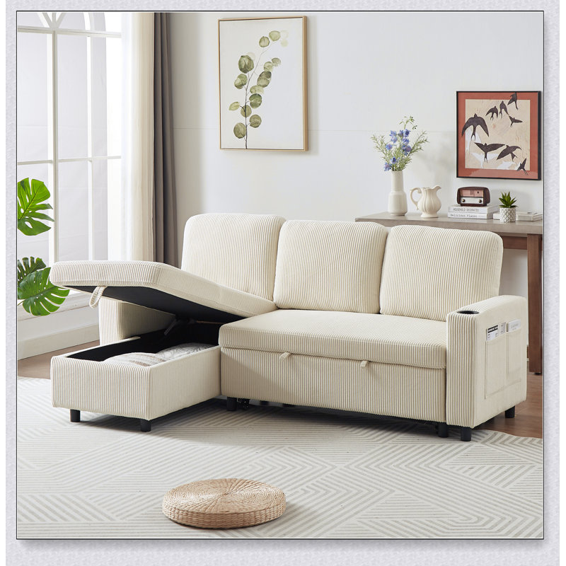 Ensemble de canapé-lit en L 78,7 po, Velours côtelé beige