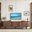 71" Mid-Century TV Stand for 80" TVs, Dark Brown Woodgrain, Sliding Doors, 2 Drawers, Solid Pine Legs