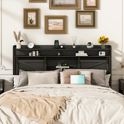  Issifu Farmhouse Headboard with Sliding Barn Door Storage, LED Light and Charging Station