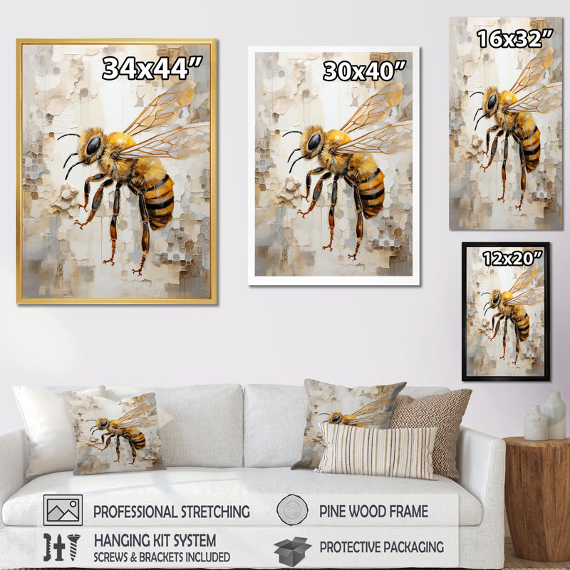 Minimalisme «Buzzing Bee III» sur toile, Encadrement doré, H 32 po x l 16 po x P 1 po