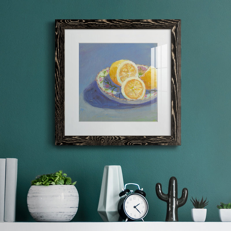 Nature morte aux agrumes I - reproduction d'art, H 35,5 po x l 35,5 po x P 1,5 po, Papier encadré noir vieilli, Blanc