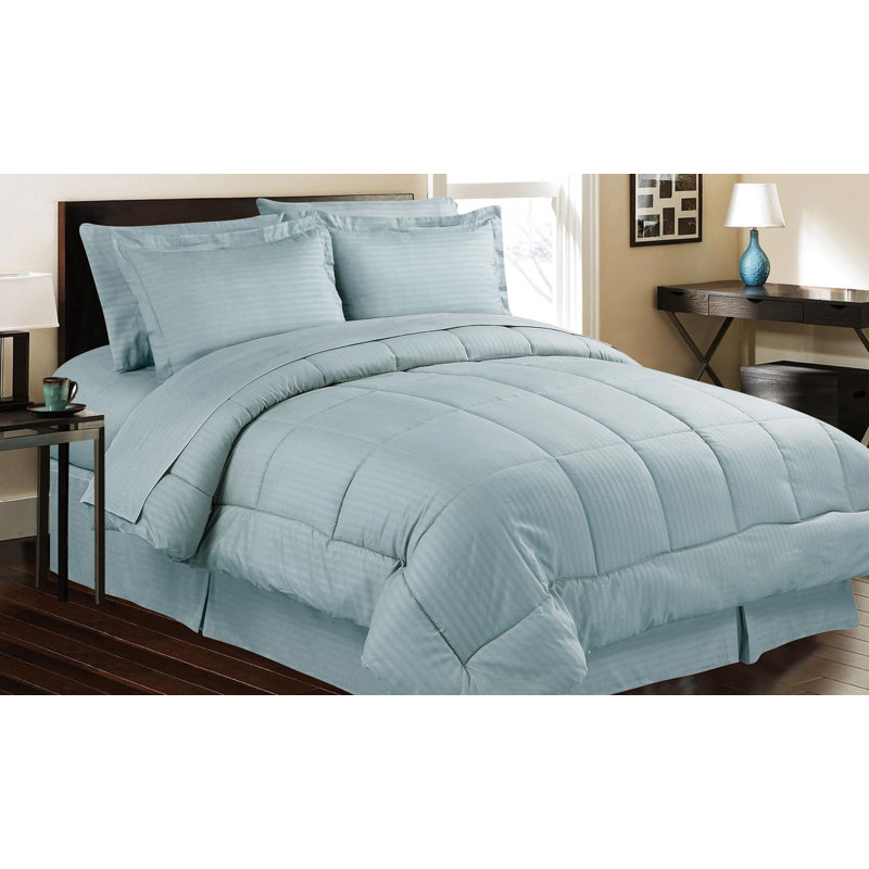 Hotel Ensemble Polyester Box Stitch Striped Comforter, Blue, King Comforter + 7 Additional Pieces