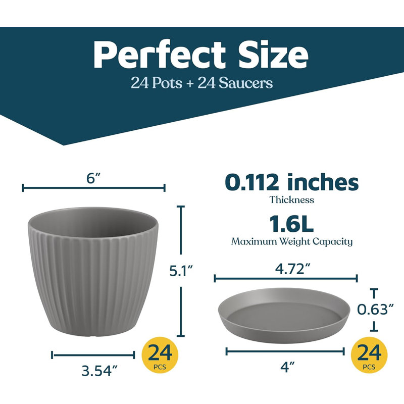 Plant Pots with Drainage & Saucers, Indoor & Outdoor Planters for Houseplants, Herbs, and Flowers, Durable & Weatherproof Material, Stackable, Lightweight, Minimalist Design, Pack of 24