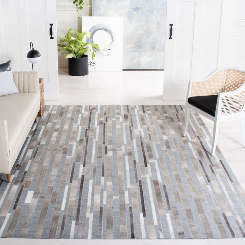 Tapis gris/ivoire en cuir fait main geometry à tissage plat Sevastopol, Rectangle 8 pi x 10 pi