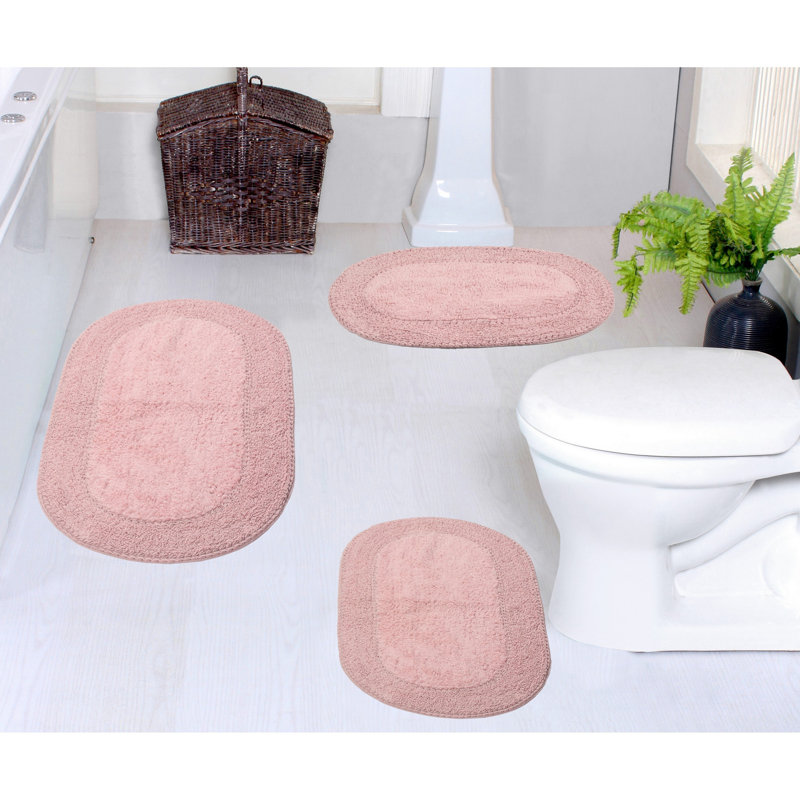 Yashvi Double Ruffle Oval 100% Cotton Piece Bath Rug Set, Pink