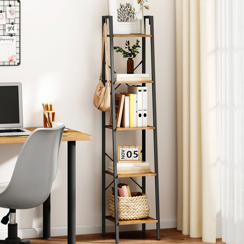 Ladder Shelf, Bookshelf Bookcase, Freestanding Corner Storage Shelve with 2 Hooks for Home Office, Living Room, Kitchen, Bedroom, Industrial, 11.8" D x 13.4" W x 63" H, Rustic Brown