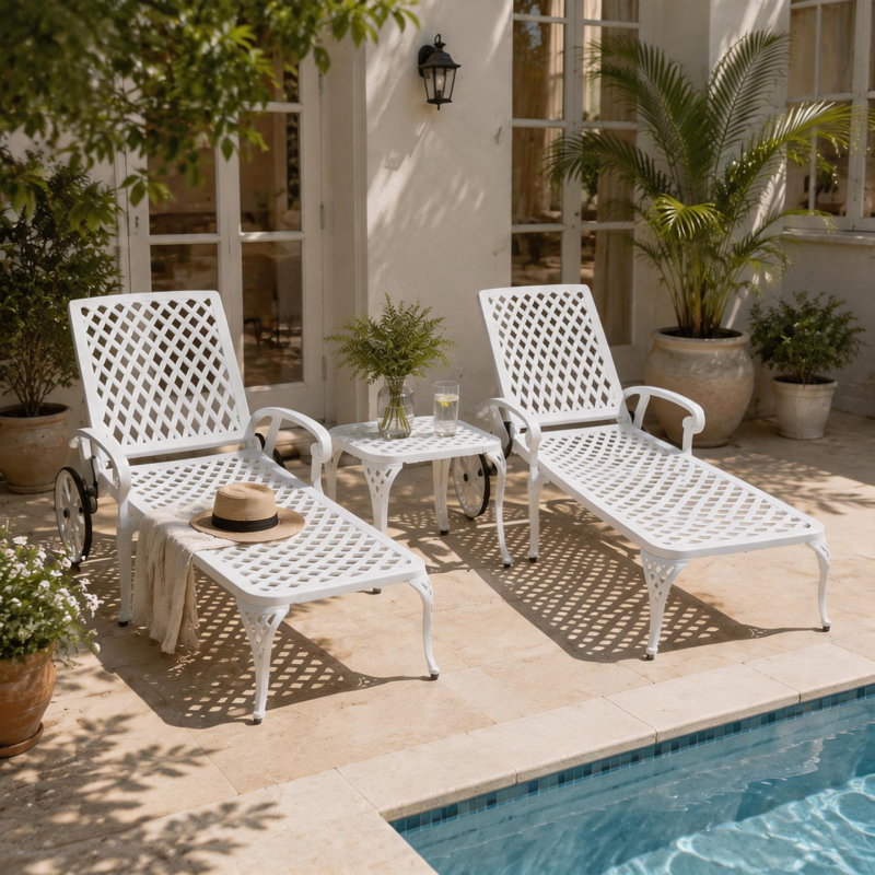Méridienne de patio réglable en aluminium, chaise d'extérieur inclinable blanche à 3 positions avec roulettes