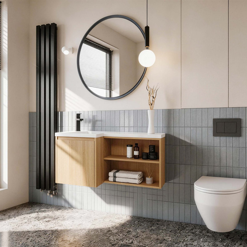 Meuble-lavabo flottant en L avec lavabo en résine intégré et rangement à fermeture en douceur, Left