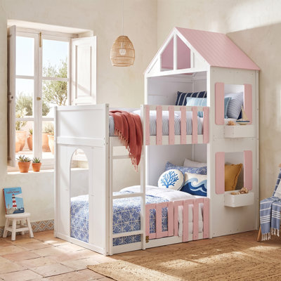 Lit superposé deux places, lit superposé gain de place pour chambre d'enfant, design moderne et ludique, rose