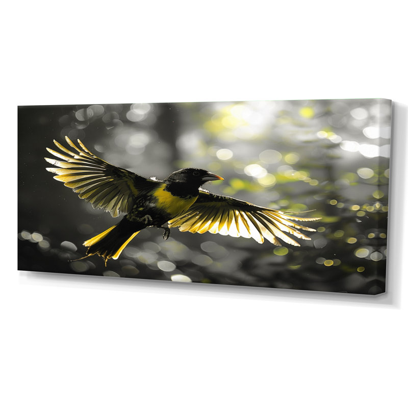 Jaune, noir, rythme de la forêt tropicale, oiseau II, Toile tendue, H 28 po x l 60 po x P 1,5 po