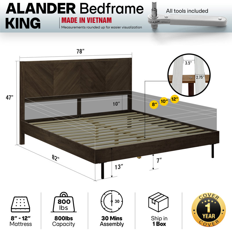 Structure de lit en bois massif avec tête de lit Mocha King | Lit plateforme scandinave fabriqué à la main | Robuste 800 lb