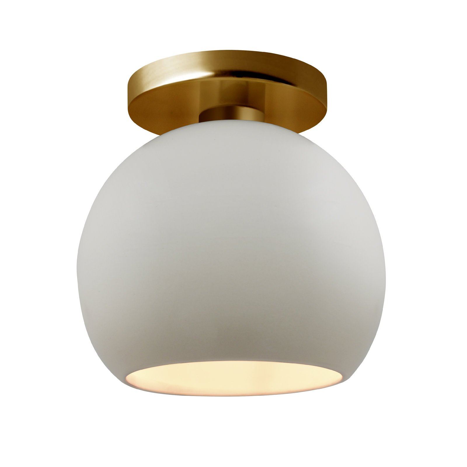 Single Light Ceramic LED Semi Flush Mount, Matte White, 9" H x 10" W x 10" D, Brushed Brass