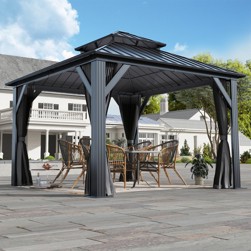 Aluminum Patio Gazebo - Galvanized Steel Hardtop Gazebo with Curtains & Netting, 12 ft. W x 12 ft. D
