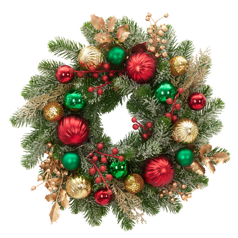 Couronne de Noël élégante de 16 pouces avec ornements rouges, verts et dorés, décoration de vacances d'hiver pré-éclairée, intérieur / extérieur