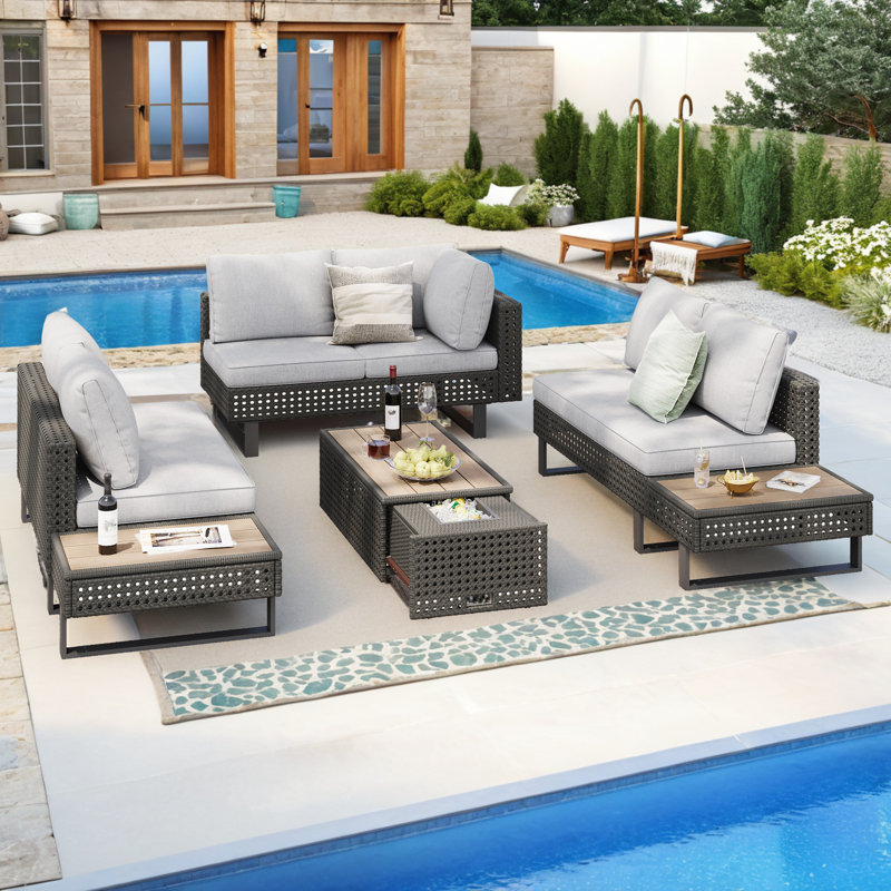 6-Person Outdoor Patio Wicker Modular Seating Set With Cushions And Pillows With Expandable Ice Bucket Coffee Table And Side Table