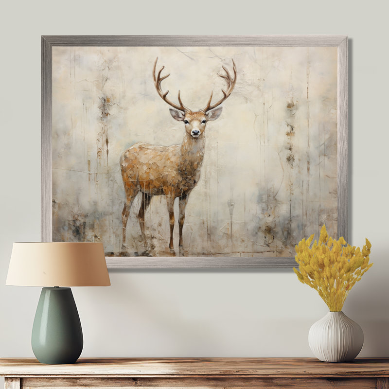 Minimalisme, portrait de cerf beige - art encadré de cerf, Cadre argenté, H 16 po x l 32 po x P 1 po