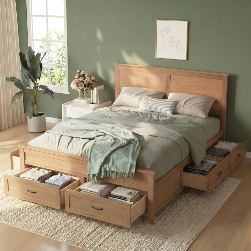Wood Platform Bed Frame With 6 Drawers, Storage Bed, No Box Spring Needed, Seadrift