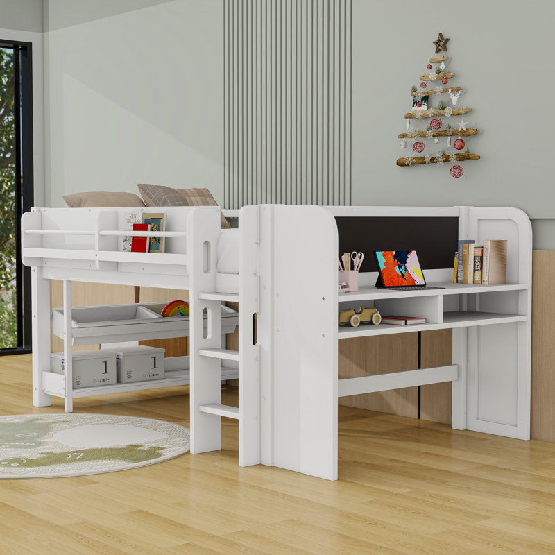 Lit mezzanine en bois avec bureau, tableau noir, boîtes et tablettes, Complète, Blanc