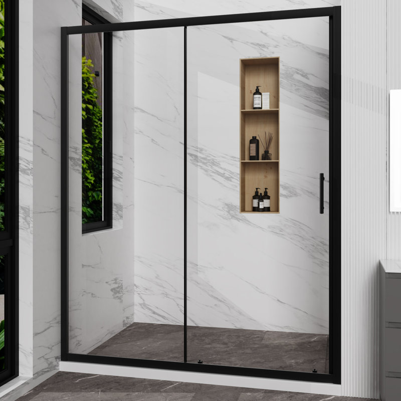 60 In. W X 72 In. H Single Sliding Framed Shower Door In Matte Black Finish