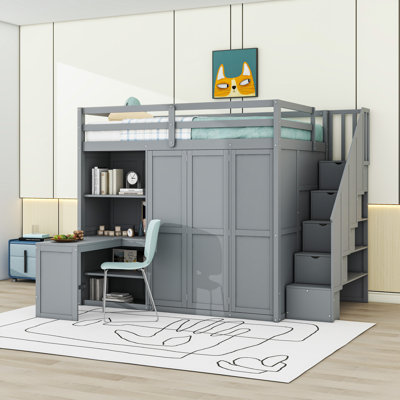 Lit mezzanine double multifonctionnel avec bureau, garde-robe élégant et tablettes de rangement