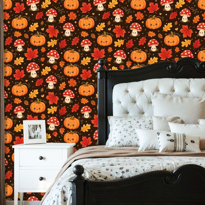 Papier peint auto-adhésif à peler et coller avec de jolies citrouilles d'automne et des feuilles colorées, auto-adhésif foncé et amovible 24 po x 118 po (60 x 300 cm)