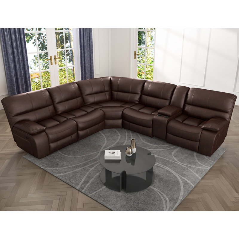 Canapé modulaire inclinable électrique en similicuir 6 pièces avec console, Similicuir brun