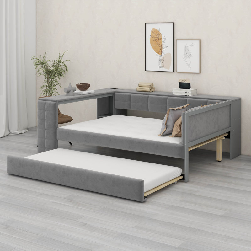 Lit plateforme tapissier pleine grandeur en velours avec tablettes de rangement, bureau intégré, station de charge USB et lit gigogne simple