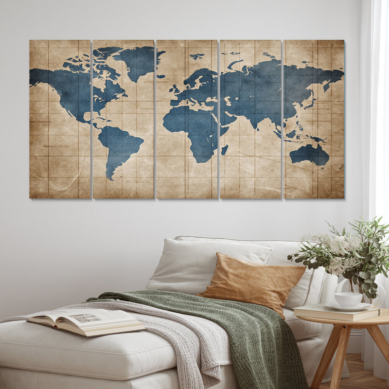 Ancienne carte du monde II - impression sur toile - 5 panneaux égaux