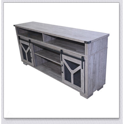 Rustic Grey TV Stand with LED Light Strips and Sliding Iron Mesh Barn Doors for Country Farmhouse Decor